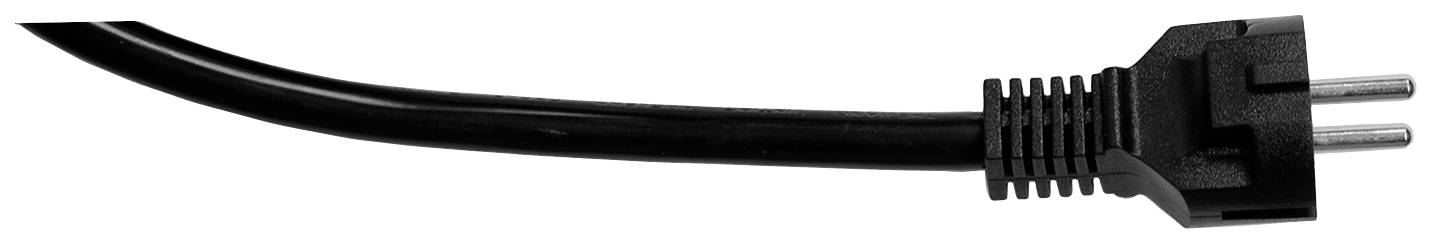 Een zwarte netwerkkabel met een driepolige stekker op een witte achtergrond. De stekker bevindt zich aan de rechterkant van de afbeelding.