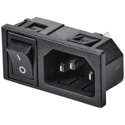 Zwarte netschakelaar met geïntegreerde IEC-C14-stekker, vaak gebruikt in elektronische apparaten om in- en uit te schakelen.