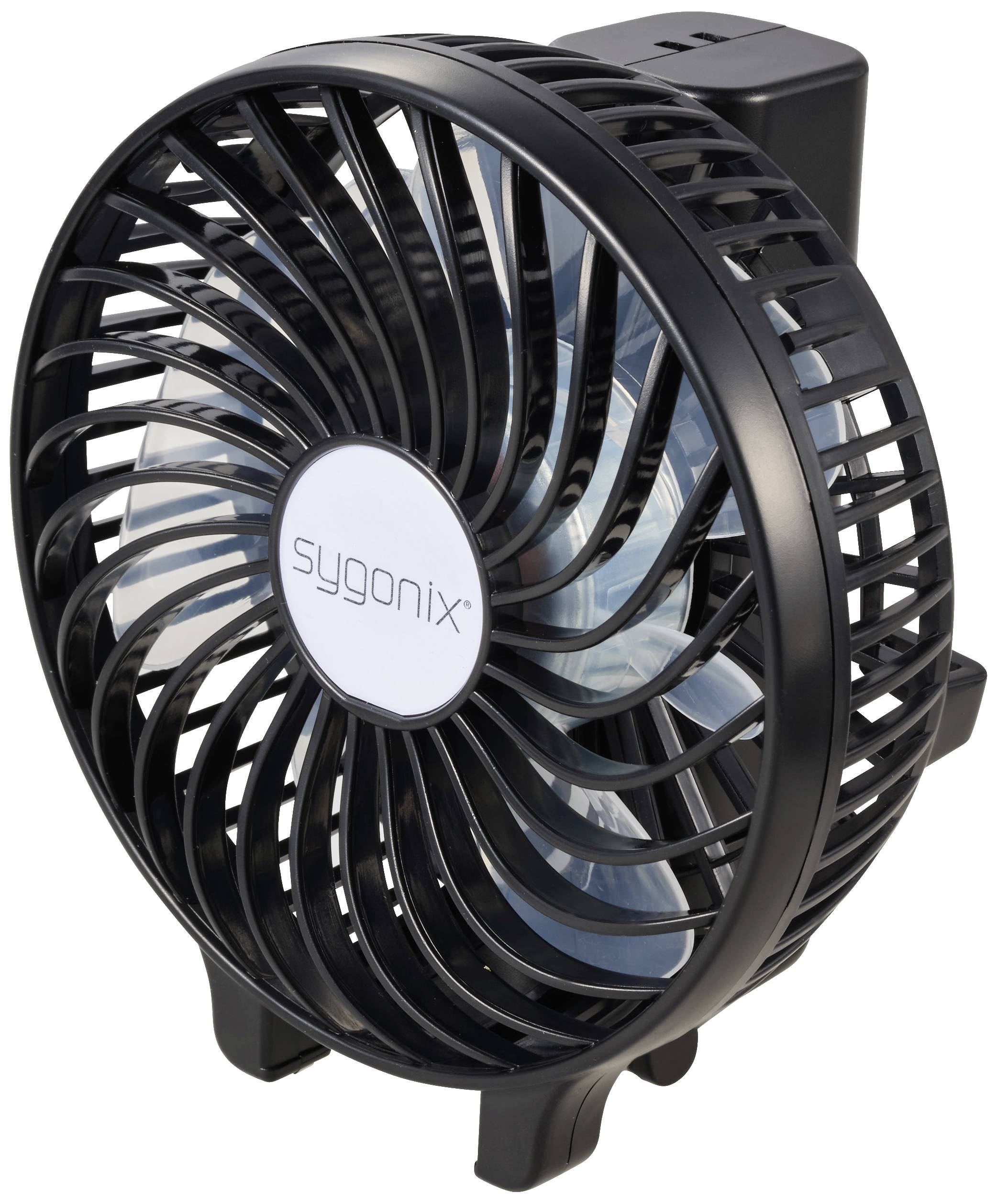Zwarte tafelventilator met drie rotorbladen, compact ontwerp. Logo 'sygonix' in het midden.
