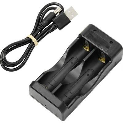USB-oplaadkabel en batterijlader voor twee AA-batterijen. Lader in het zwart met twee verticale sleuven.