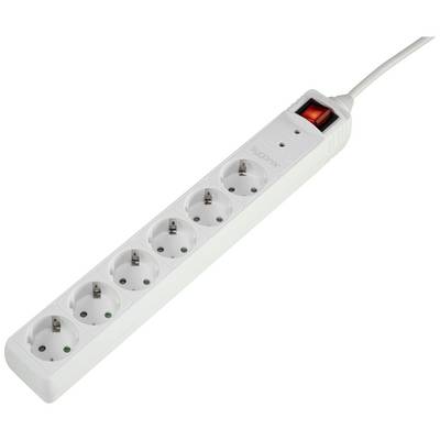 Zeszekelige witte stekkerdoos met aan/uit-schakelaar, geschikt voor meerdere elektrische apparaten, verbonden door een stroomkabel.