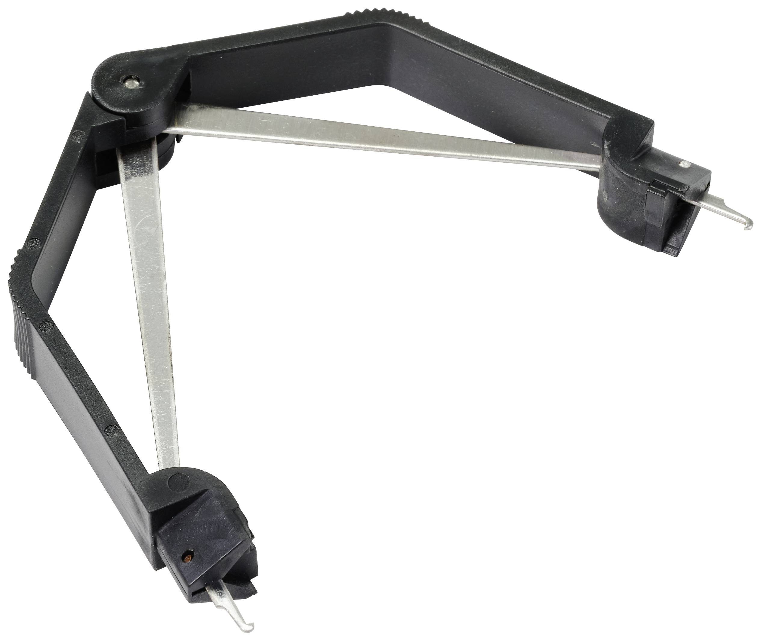 Een open, zwarte basis-printplaatsnijder voor componenten met een getande snijmechanisme en metalen armen.