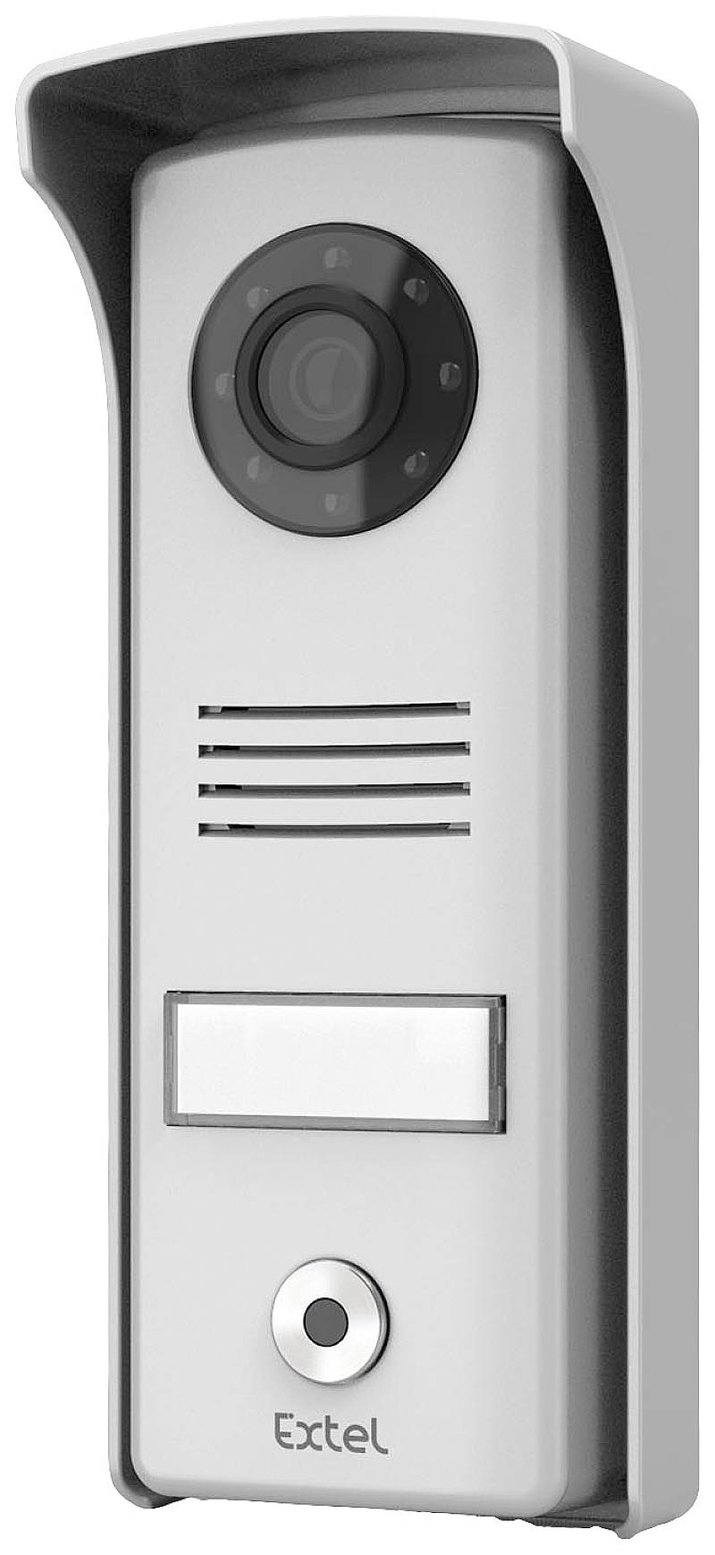 Een videodeurbel met camera, luidsprekerooster en belknop.