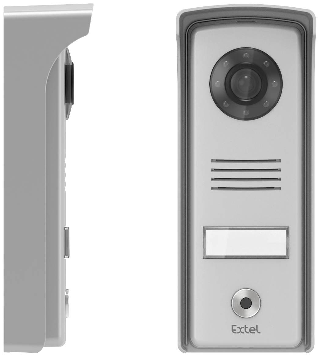 Deurintercom met camera en belknop, zijaanzicht en vooraanzicht. Bevat een lens en een naambordje.