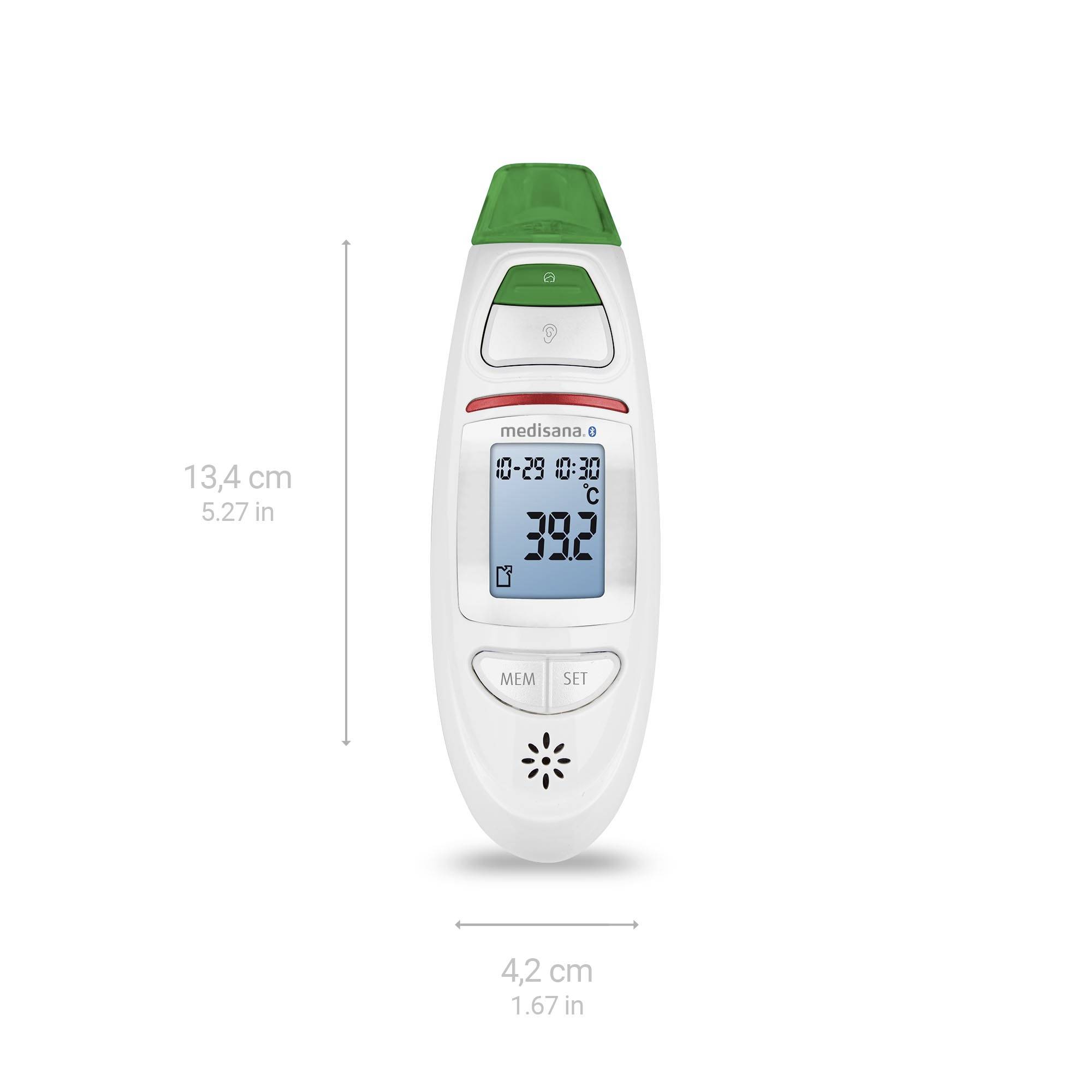 Digitale thermometer met display, toont '39,2°C'. Meetknop bovenaan, luidsprekersymbool onderaan. Hoogte 13,4 cm, breedte 4,2 cm.