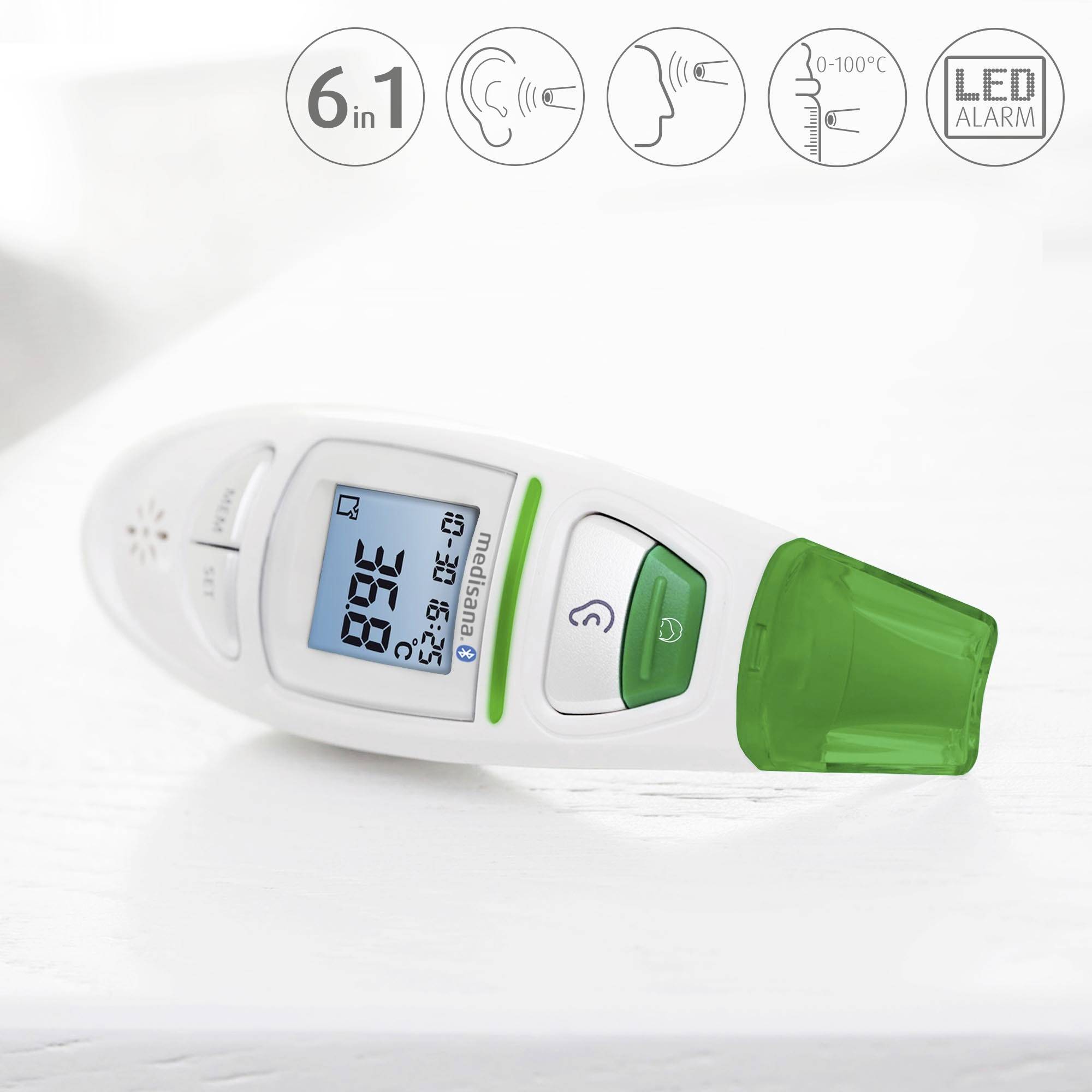 Digitale thermometer met groene sensor en display toont '36,9 °C'. Symbolen bovenaan: 6-in-1-functies, temperatuurbereik 0-100°C en LED-alarm.