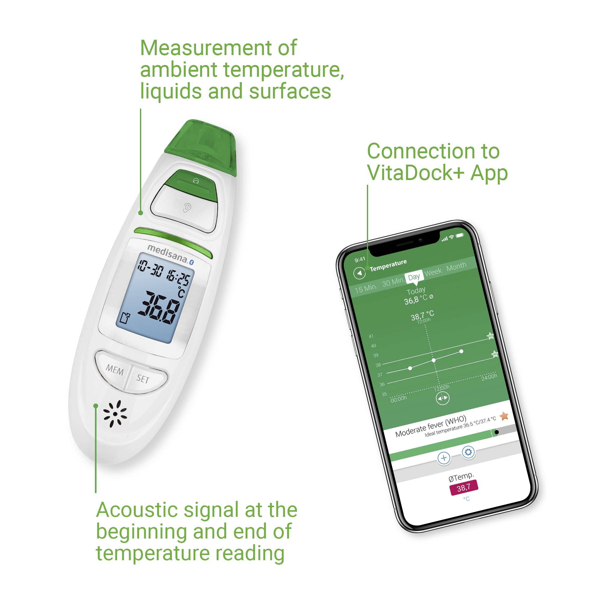 Een infrarood-thermometer toont 36,5 °C op een display. Rechts ernaast een smartphone met de verbonden VitaDock+ app.