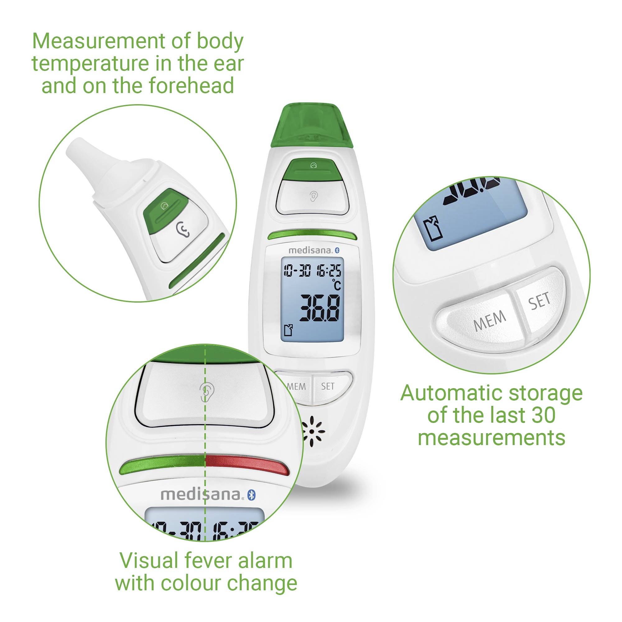 Multifunctionele thermometer toont temperatuur 36,8°C, slaat 30 metingen op, meet aan oor/voorhoofd. Visuele koortsalarm.