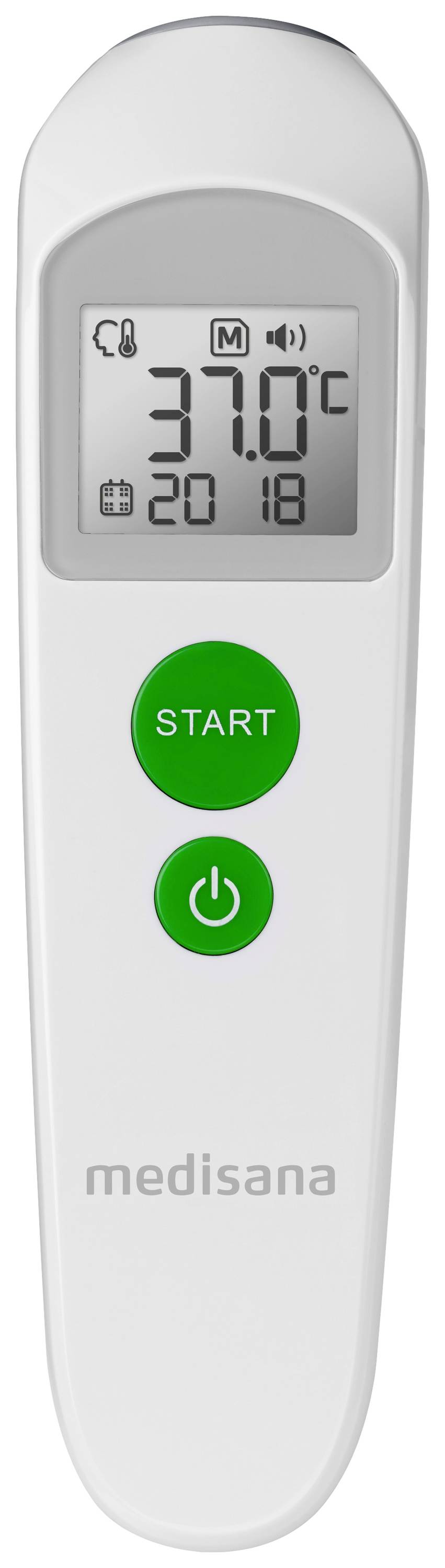 Elektronische thermometer met digitale weergave toont '37,0°C'. Twee groene knoppen voor start en aan/uit. Merk: medisana.