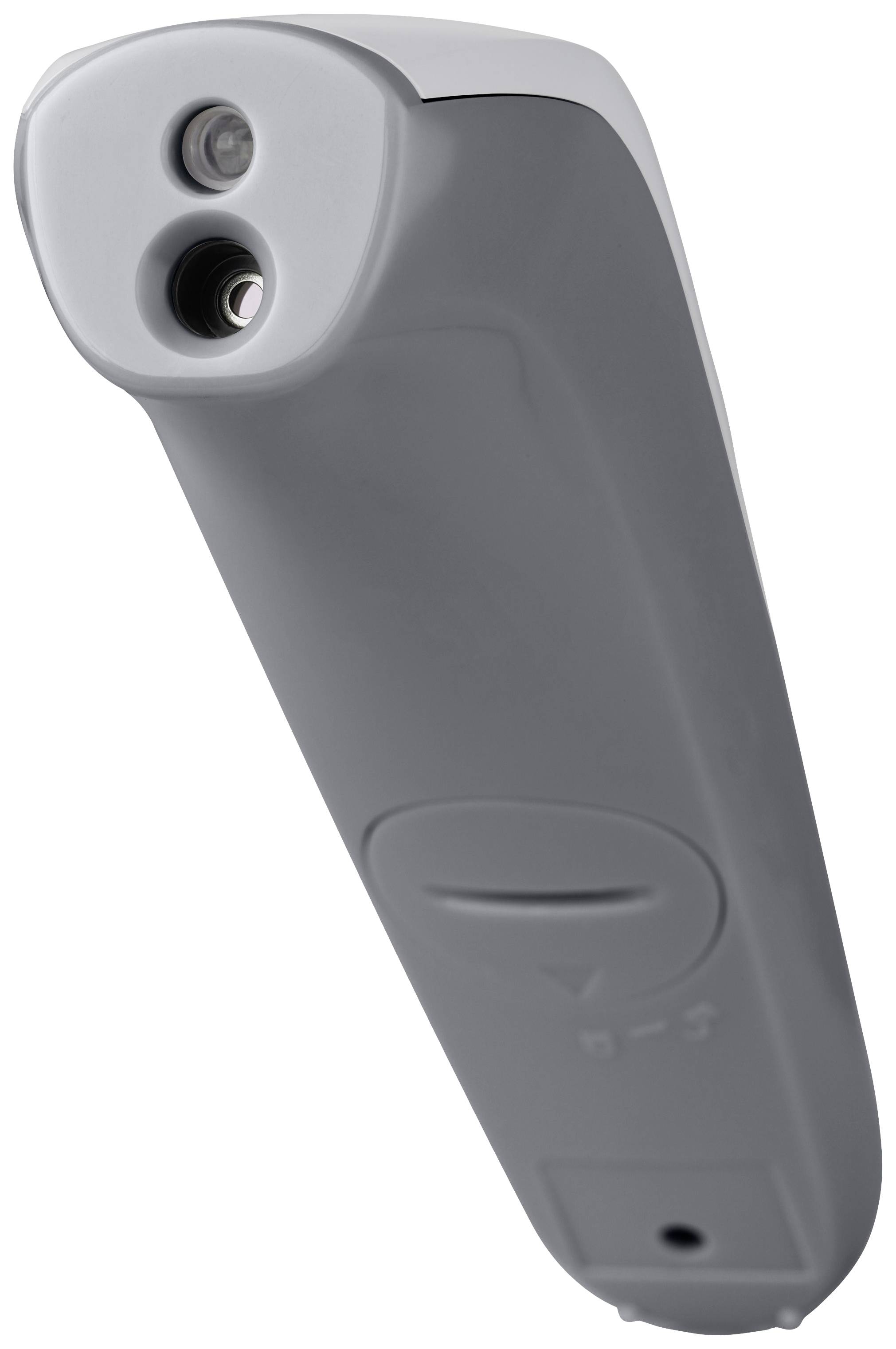 Een draagbare barcodescanner in het grijs, van opzij weergegeven, met een lens en een sensor.