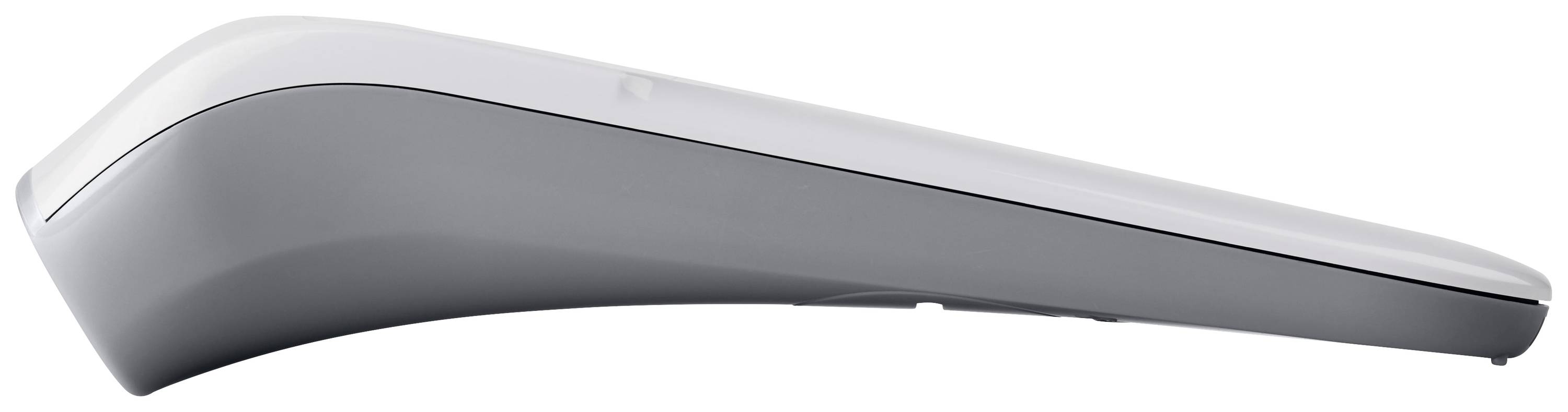 Wit-grijs, aerodynamisch gevormd object, waarschijnlijk een moderne trein. Zijaanzicht van links, toont slanke vorm.