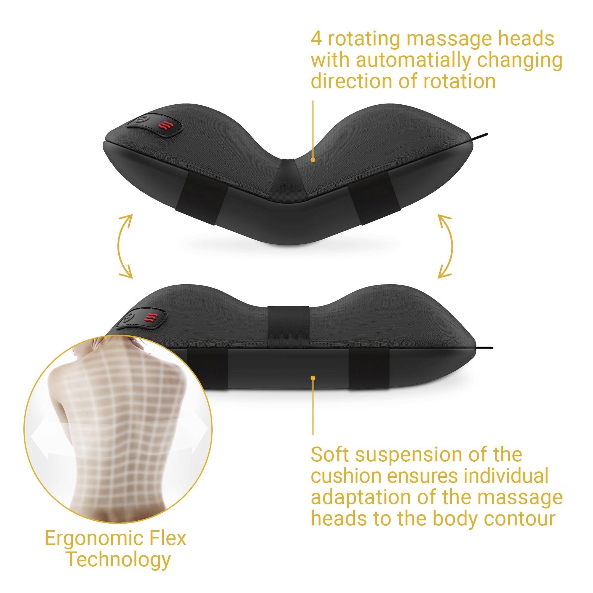 Een zwart massagekussen met vier roterende massagekoppen die zich automatisch draaien. Ergonomisch ontwerp dat zich aanpast aan het lichaam.