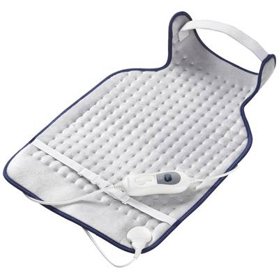 Warmtekussen met witte stoffen hoes, blauwe rand en verwijderbaar snoer. Bedieningselement met schakelaar voor temperatuurinstelling geïntegreerd.