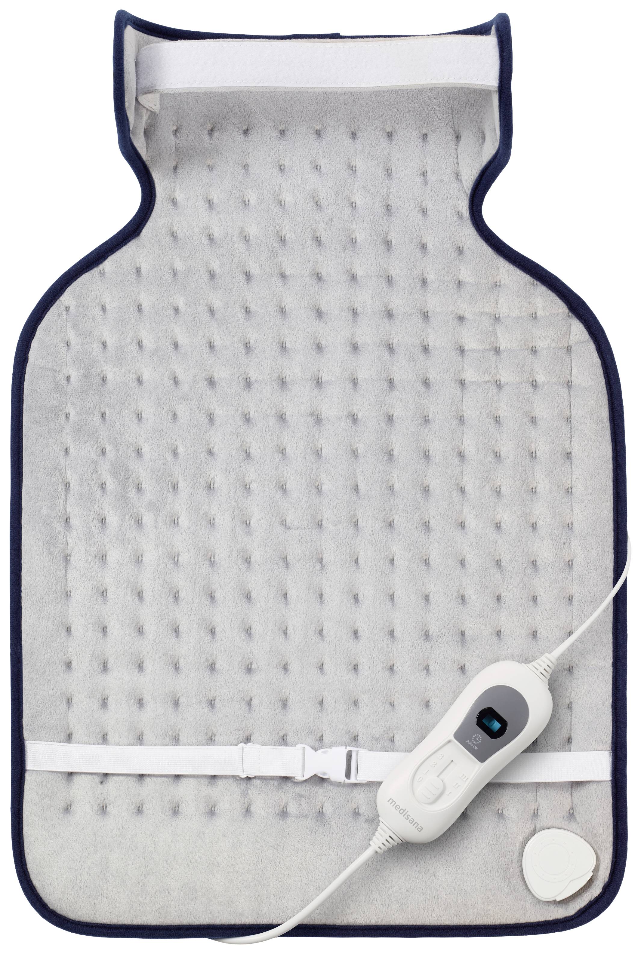 Grijze elektrische warmtekussen met bedieningskabel en witte riem, gebruikt voor pijnverlichting en warmtebehandeling.