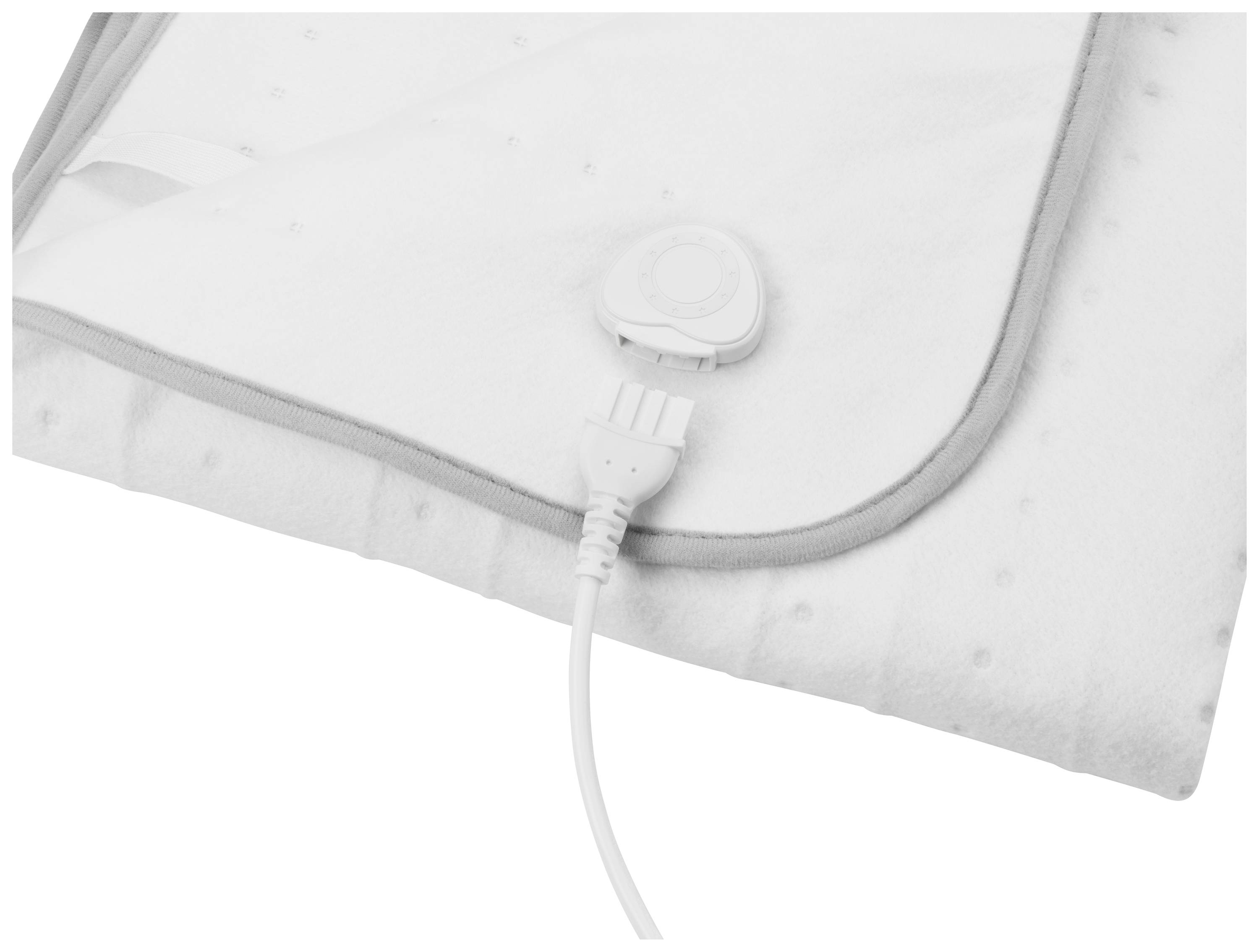 Een witte verwarmingsdeken met een grijze rand is opgevouwen, een elektrische kabel is aangesloten.