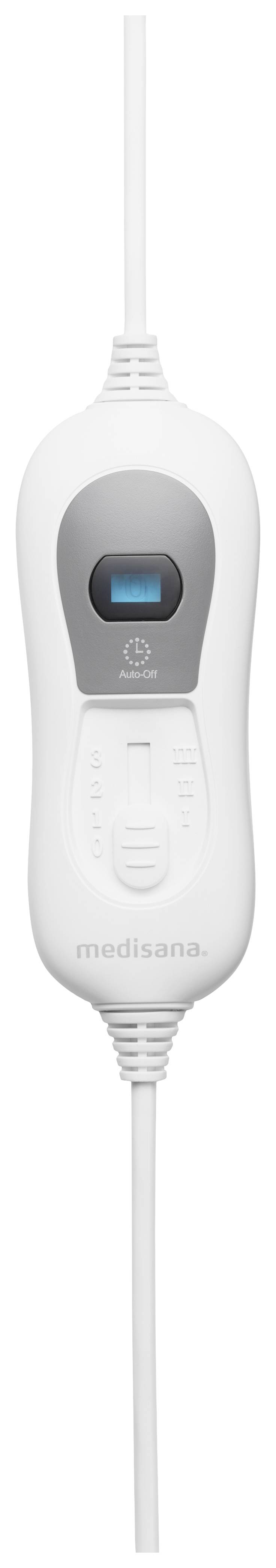 Een witte elektrische verwarmingsregelaar met kabel, display en toetsen voor het instellen van temperatuur en warmte-intensiteit.