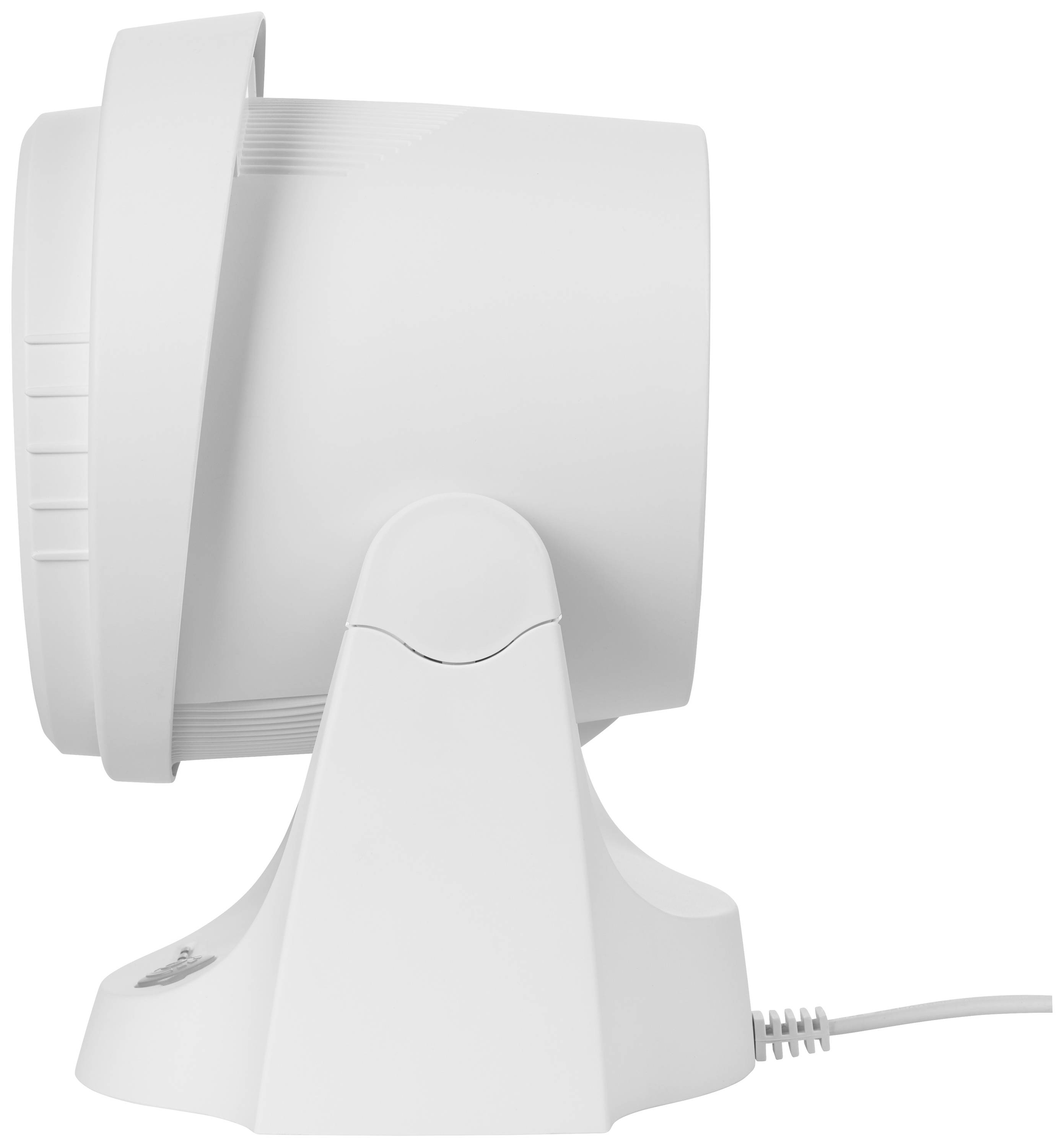 Een witte ventilator met een bedrade aansluiting, gezien van opzij.