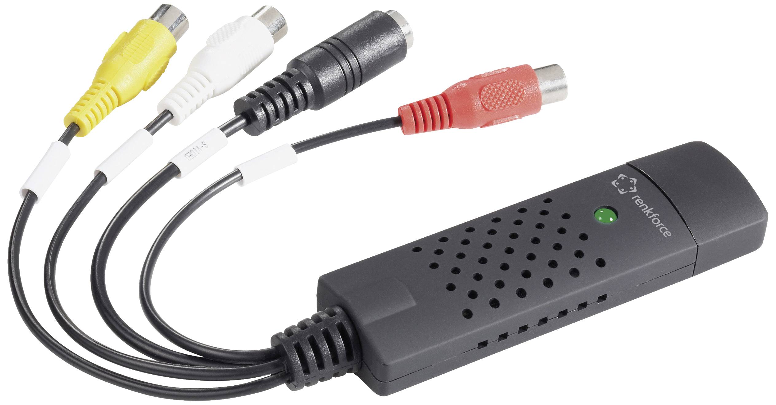USB-videograbber met vier gekleurde kabelaansluitingen: geel, wit, rood en zwart. Apparaat zet analoge videosignalen om in digitale gegevens.