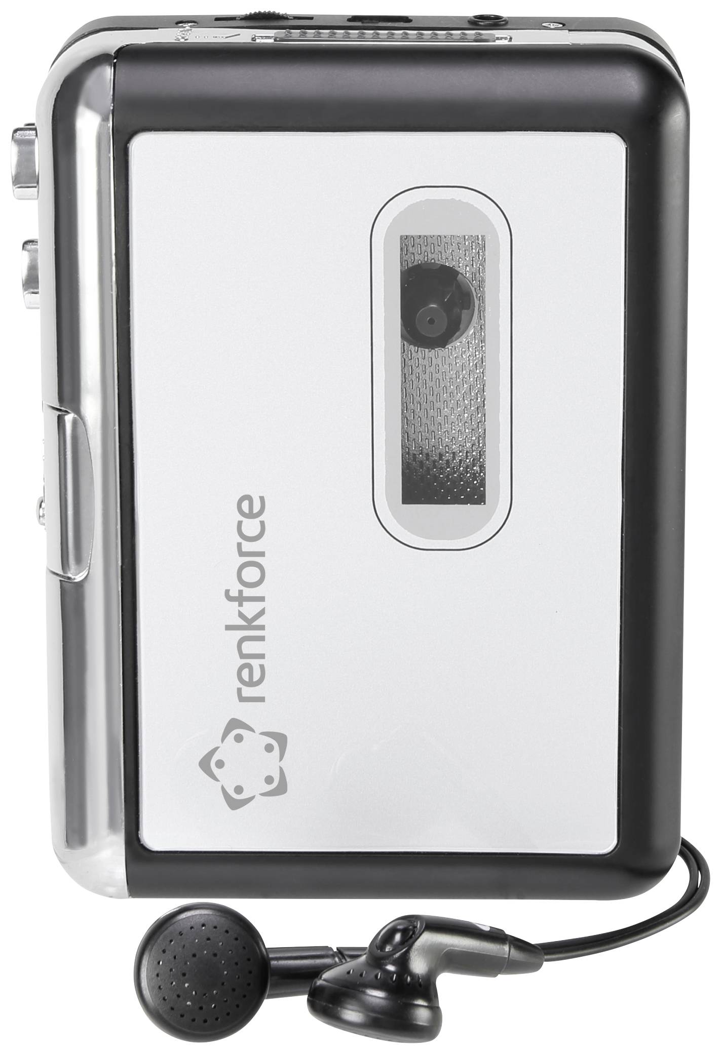 Een zilveren en zwarte cassettespeler van het merk 'renkforce' met een paar zwarte oordopjes.