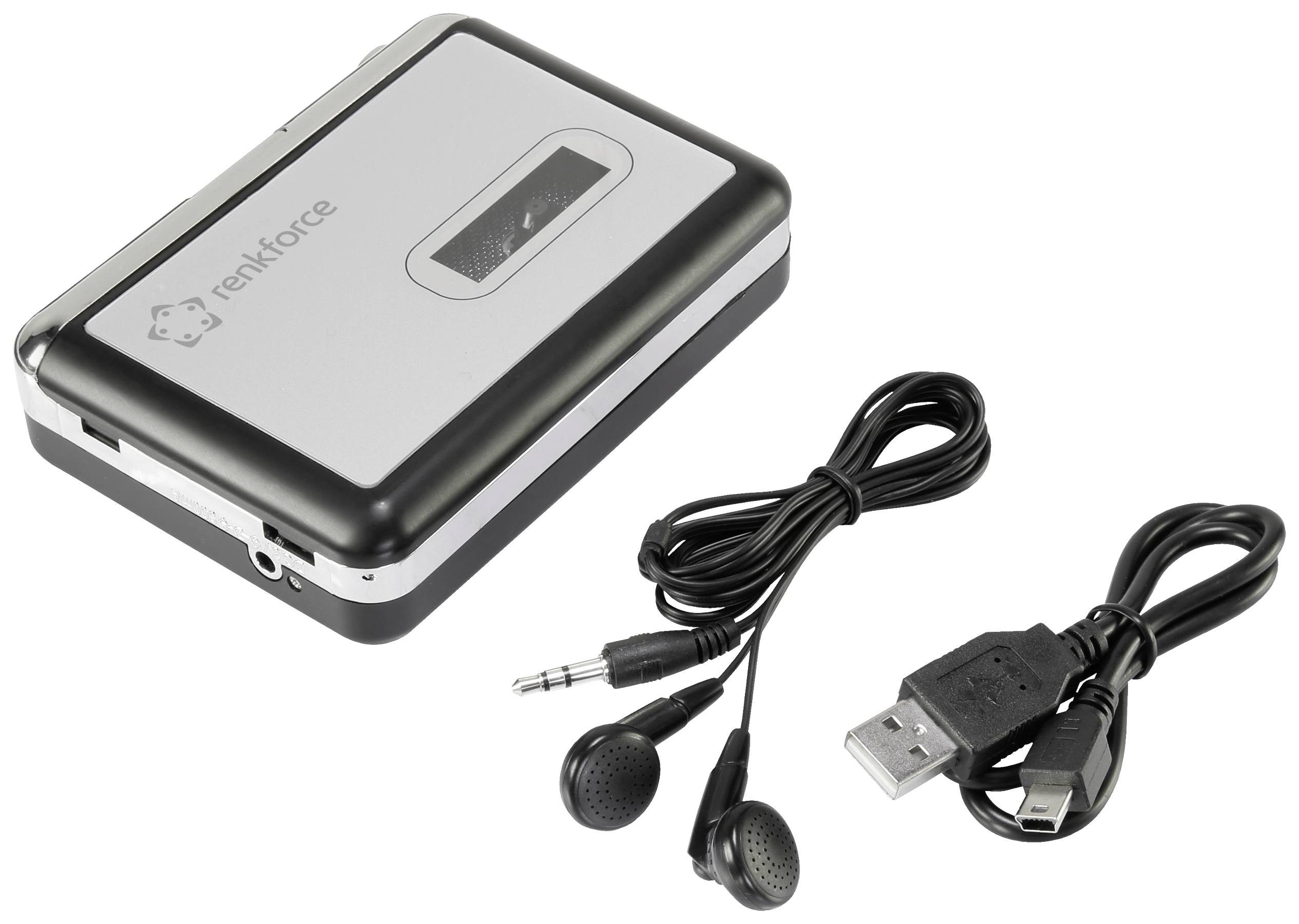 Cassetterecorder met koptelefoon en USB-kabel.