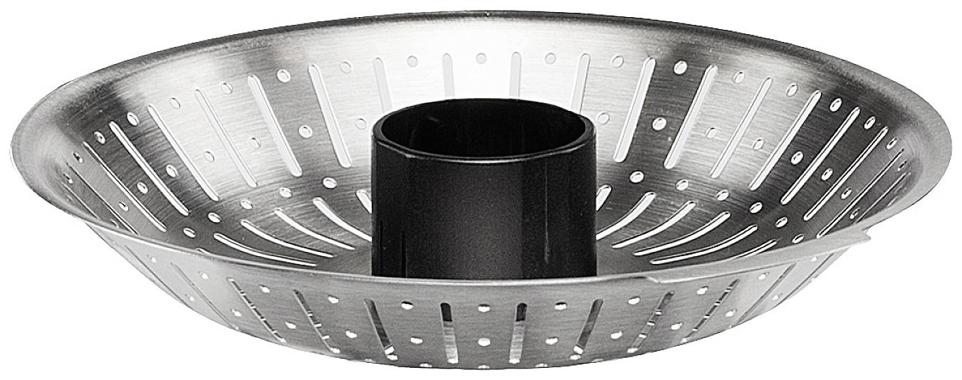 Metalen inzet voor stoomoven, rond met geperforeerde gaten, centrale zwarte handgreep. Ideaal voor het stomen van groenten.