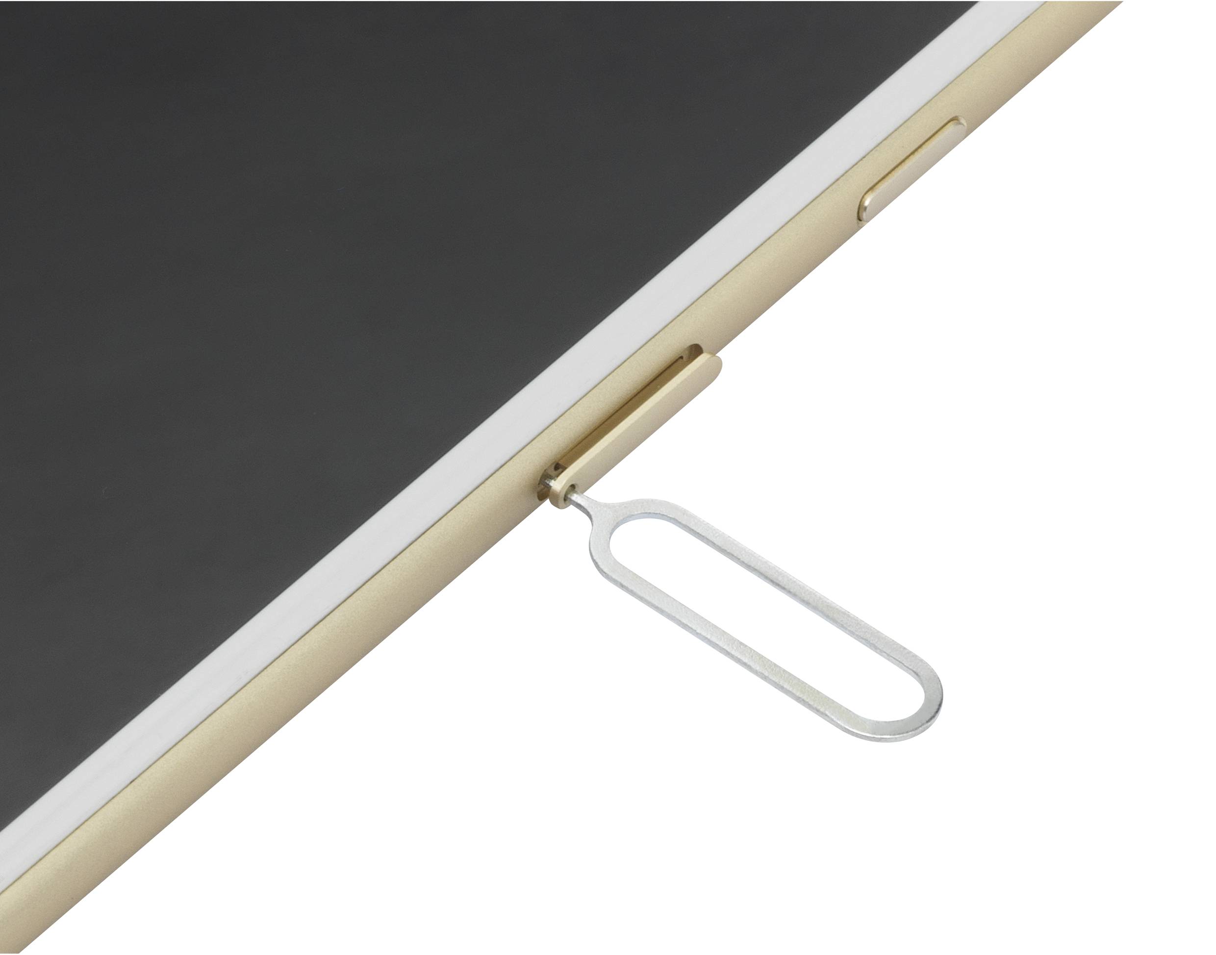 Een SIM-kaart-uitwerpgereedschap opent de SIM-kaartsleuf van een gouden smartphone in close-up.