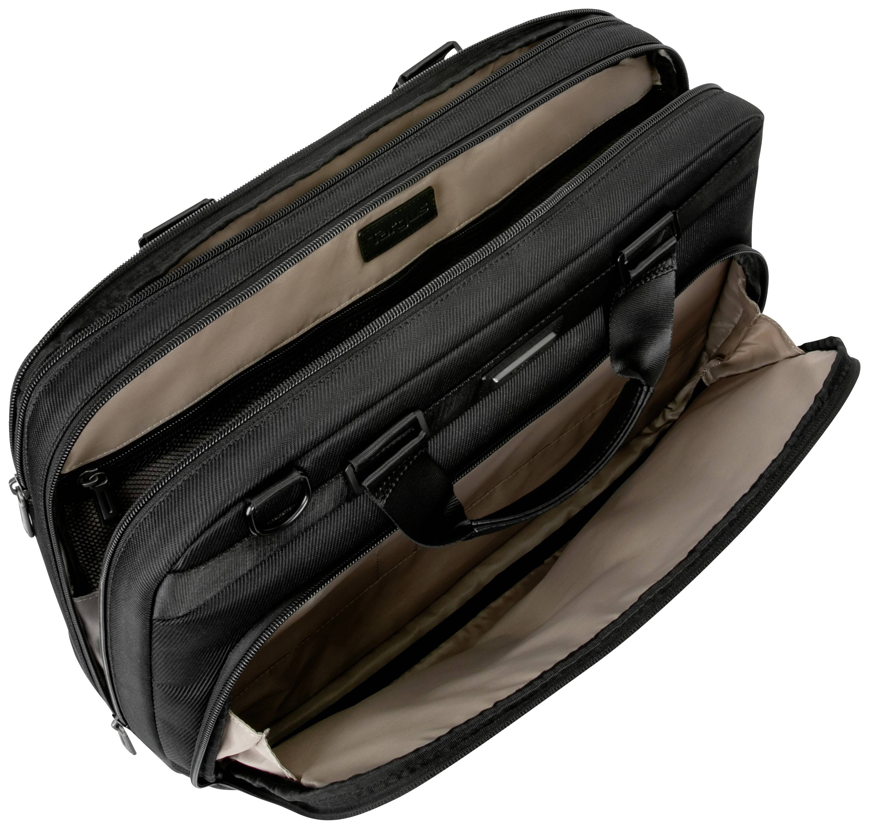 Een zwarte aktetas met meerdere ritsvakken, aan de binnenkant bekleed met een beige voering. Ideaal voor laptops en documenten.