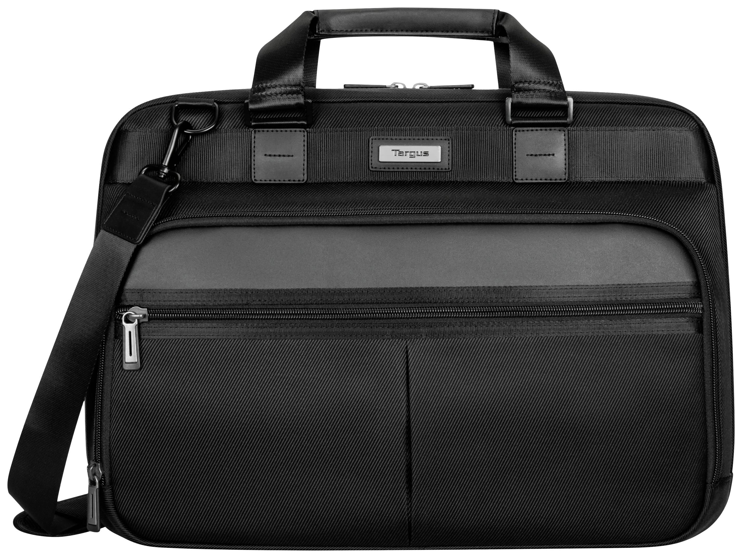 Zwarte aktetas met schouderband en meerdere ritsvakken, geschikt voor het vervoeren van laptops en documenten.
