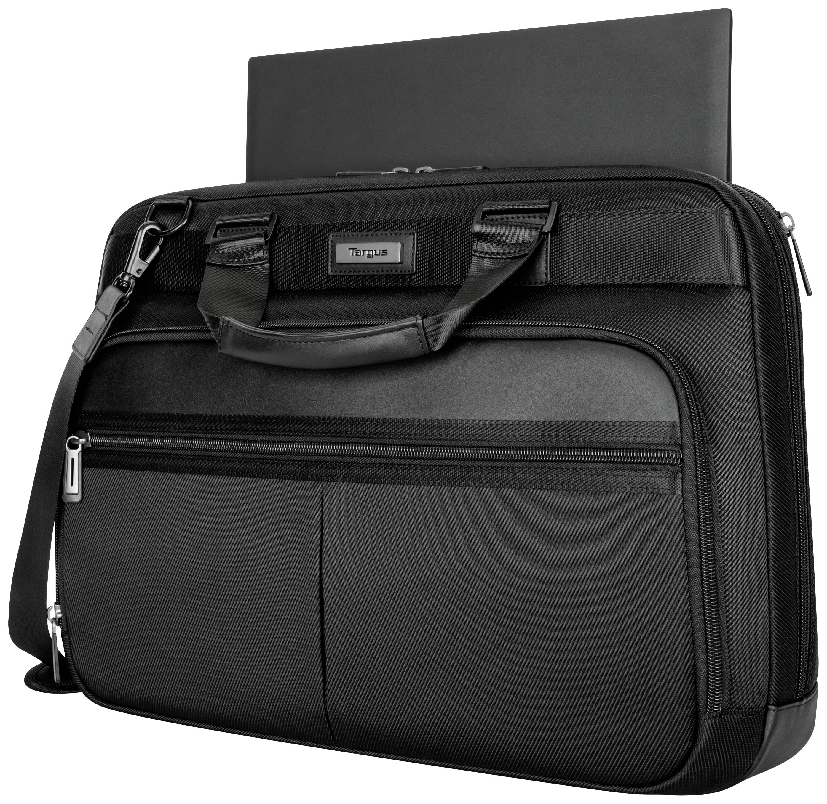 Een zwarte laptoptas met twee ritssluitingvakken aan de voorkant en een handgreep. Een laptop steekt bovenaan uit.