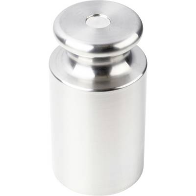 Een zilveren metalen gewicht, cilindrisch en glanzend, met een platte bovenkant en een kleine handgreep, typisch gebruikt voor gewichtskalibratie.