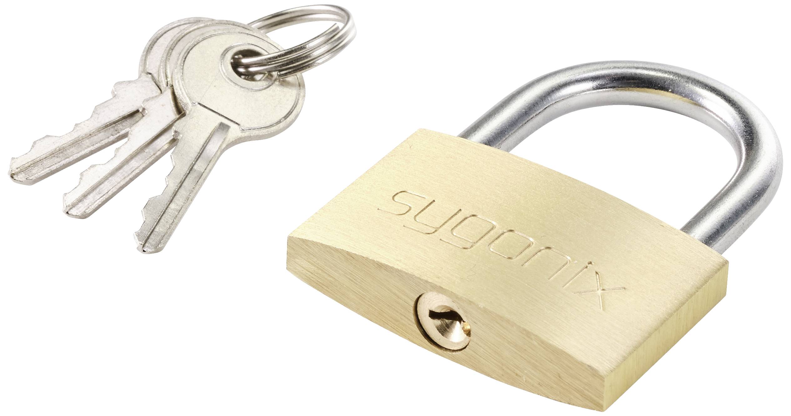 Een hangslot van messing met drie sleutels aan een ring. Het slot toont het woord 'sygonix'.