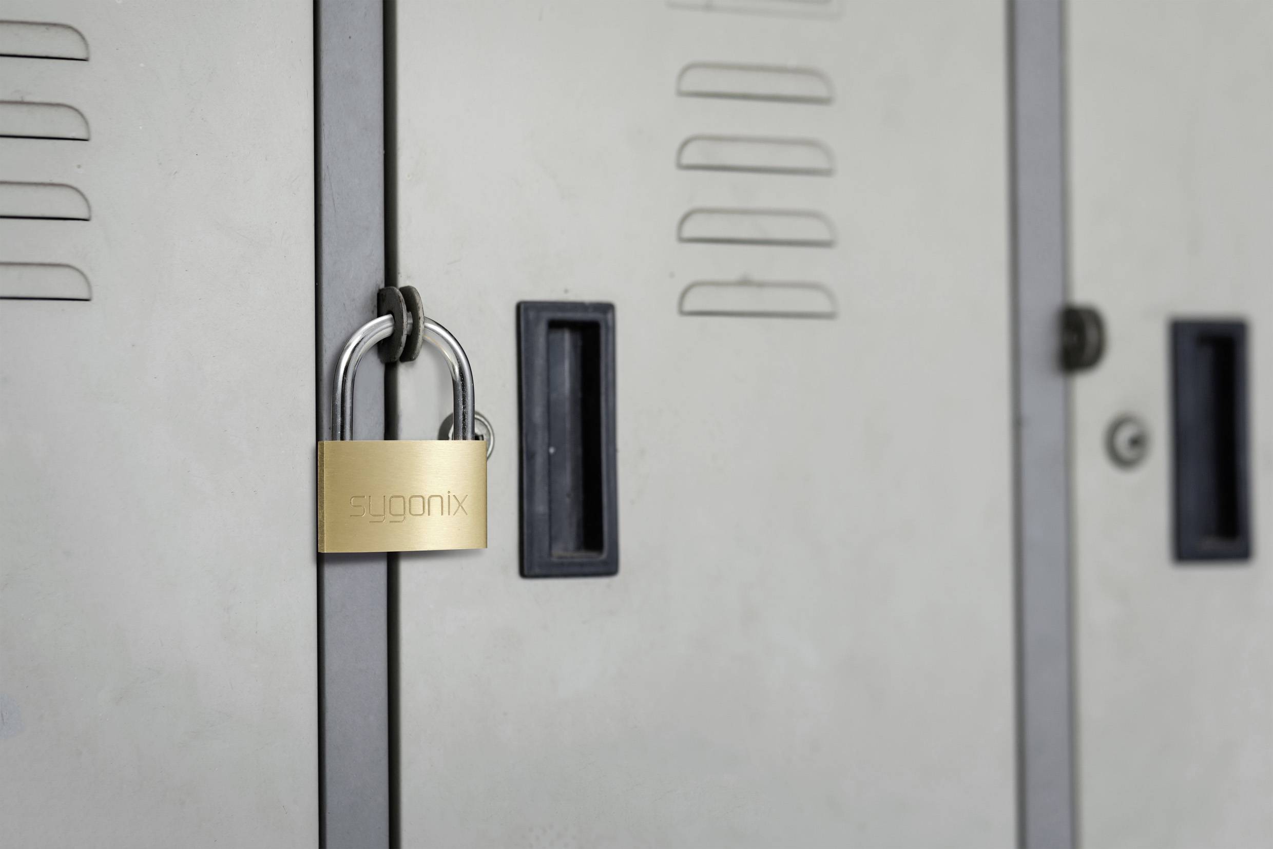 Een grijze kluis met een gouden hangslot. De kluis is gesloten en het slot houdt deze stevig afgesloten.