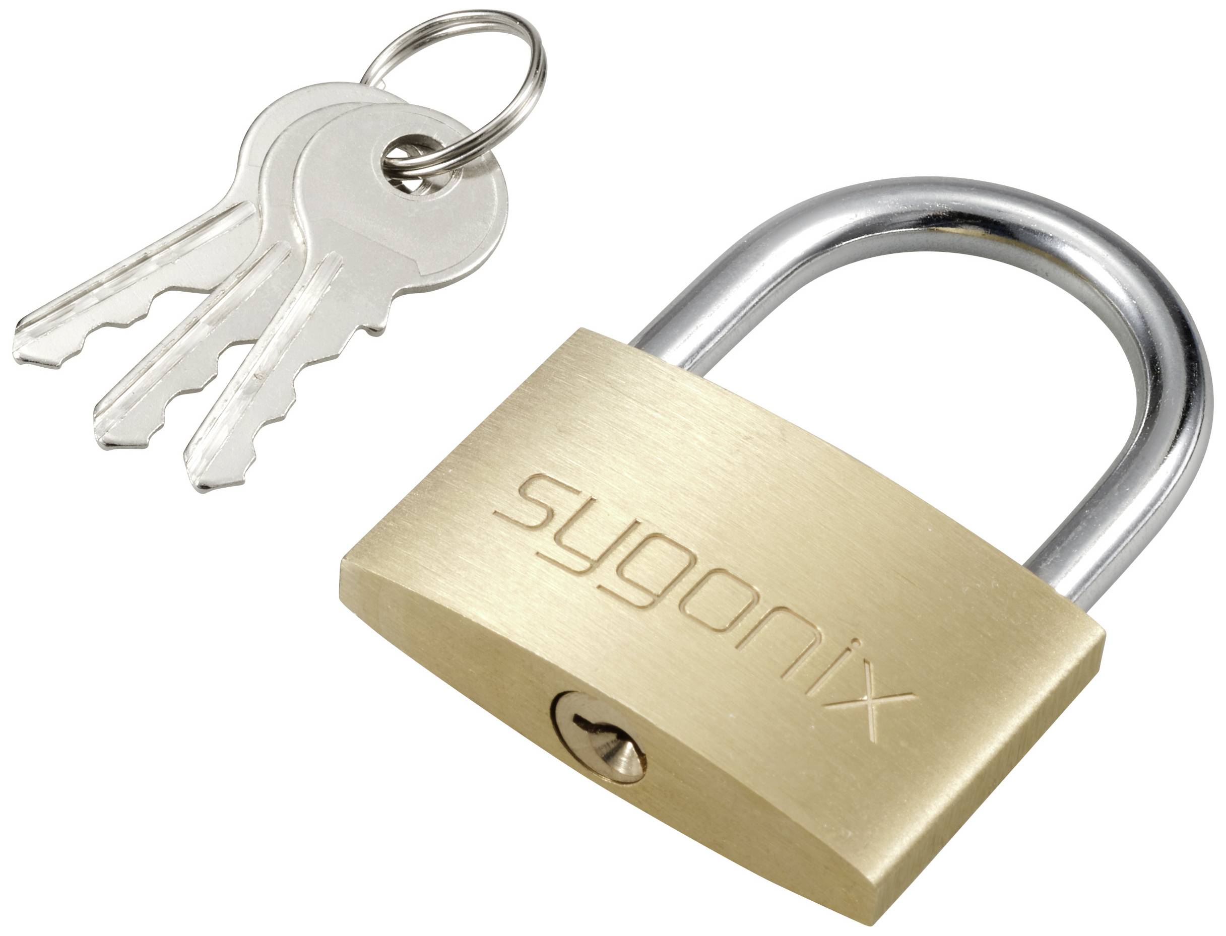 Messing hangslot met het opschrift 'sygonix' en drie bijbehorende sleutels aan een sleutelring.