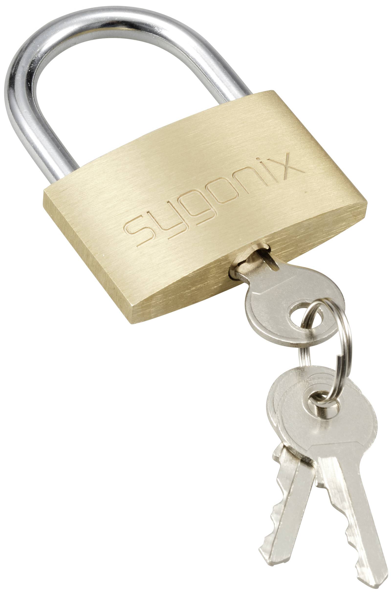 Een hangslot van messing met het opschrift 'sygonix', waaraan twee metalen sleutels hangen.