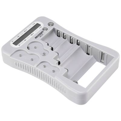 Witte batterijlader voor AA-, AAA- en 9V-batterijen, met meerdere laadsleuven en LED-indicatoren.