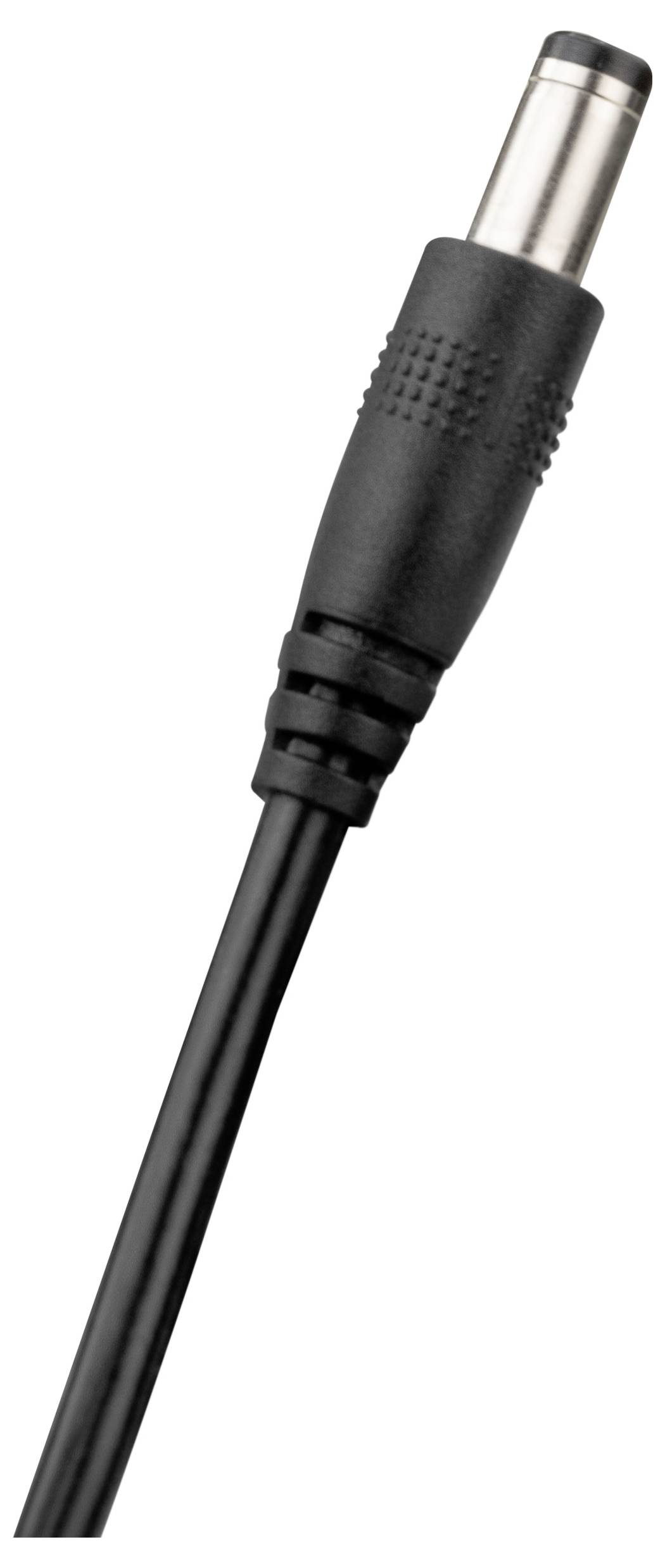 Zwart DC-voedingskabel met ronde stekker voor het aansluiten van elektronische apparaten op een stroombron.