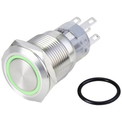 Een zilveren drukknop met groene LED-ring, geschikt voor het bedienen van apparaten. Ernaast ligt een zwarte afdichtingsring.