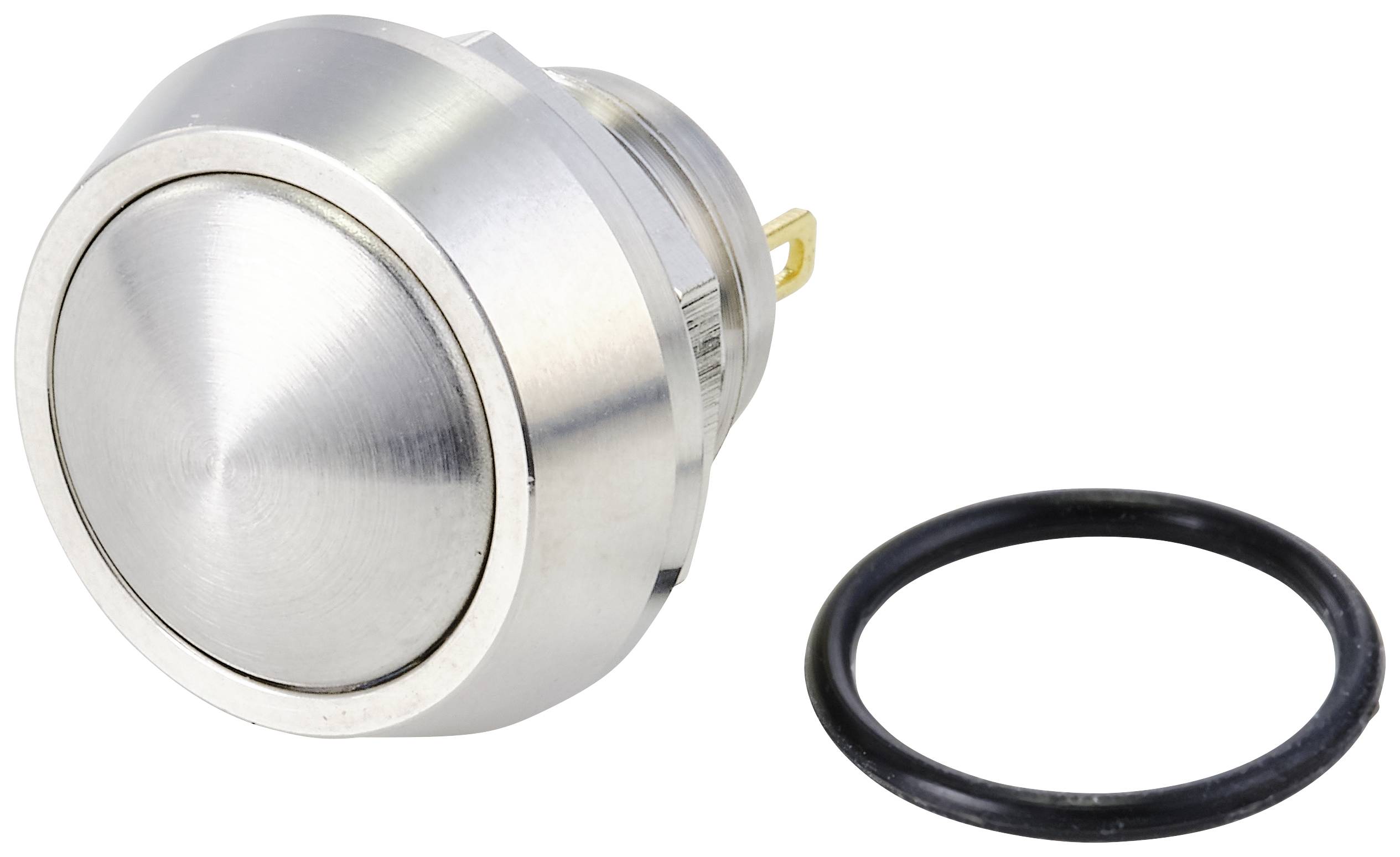 Ronde, zilveren metalen knop naast een zwarte O-ring. De knop heeft een vlak oppervlak en een kleine, cirkelvormige rand.