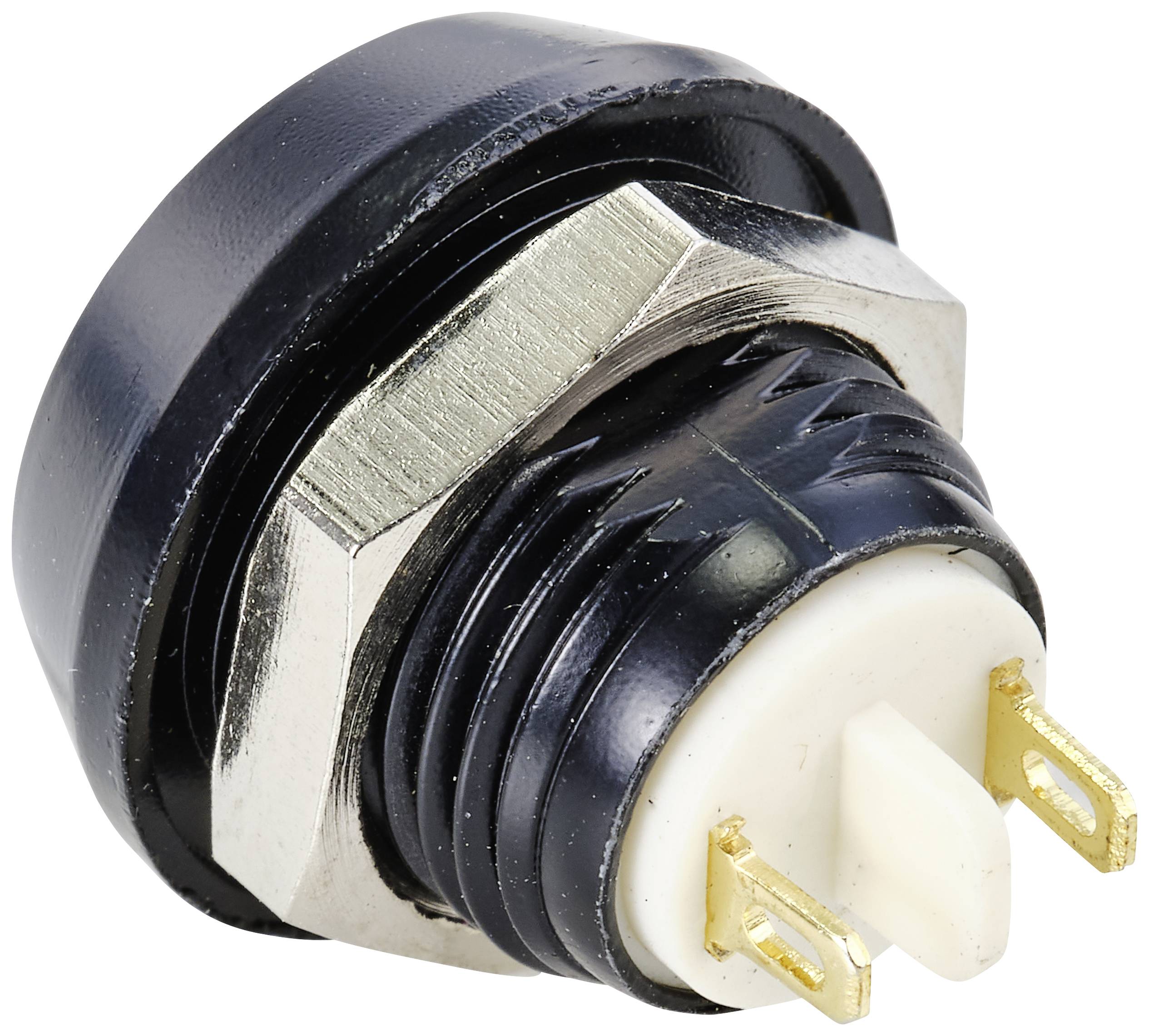 Een platte zwarte drukschakelaar met metalen schroefdraad en drie goudkleurige aansluitingen, geschikt voor elektronische apparaten.