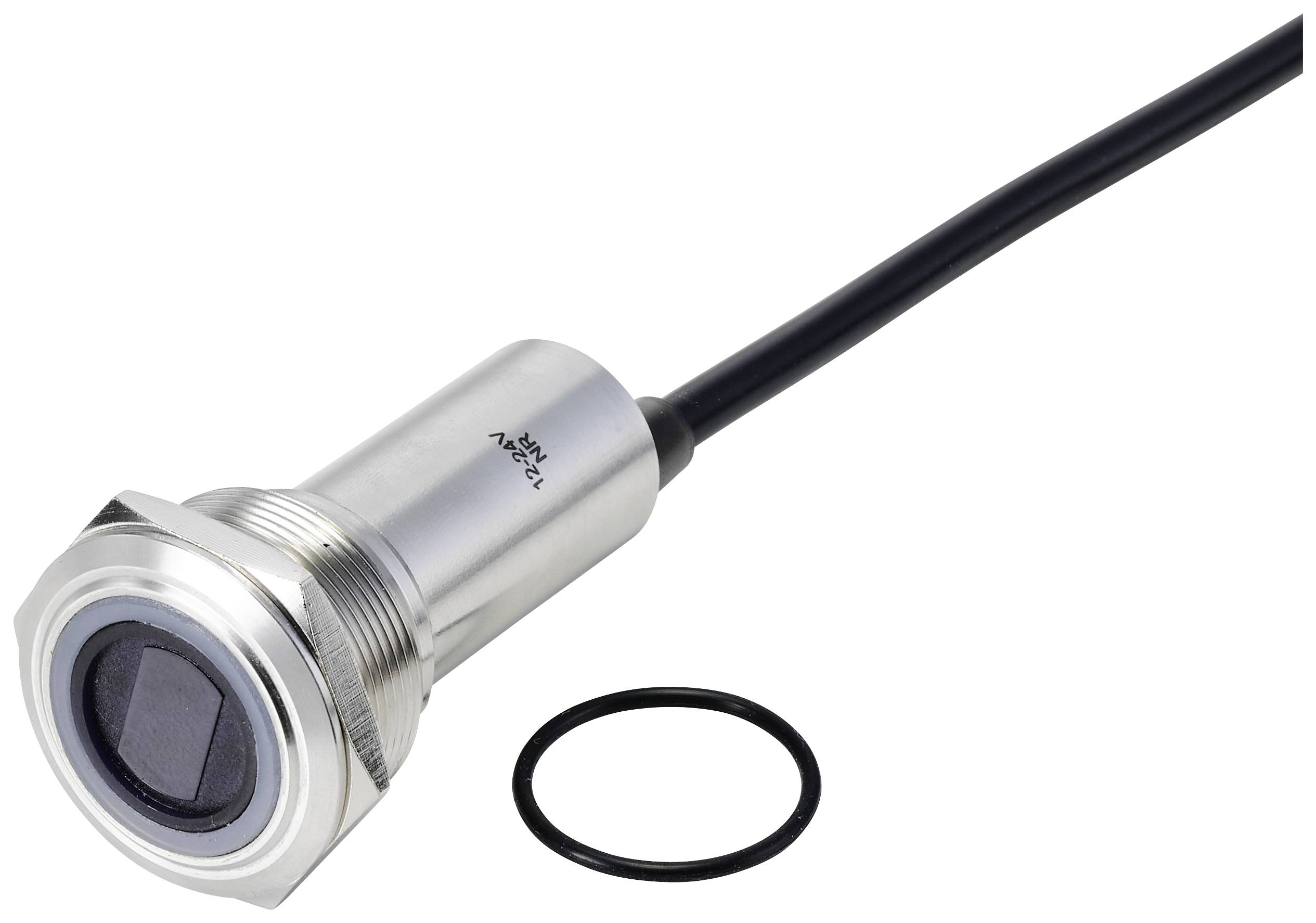 Een cilindrische metalen sensor met kabel en rubberen afdichting. De sensor meet oppervlaktetemperaturen.