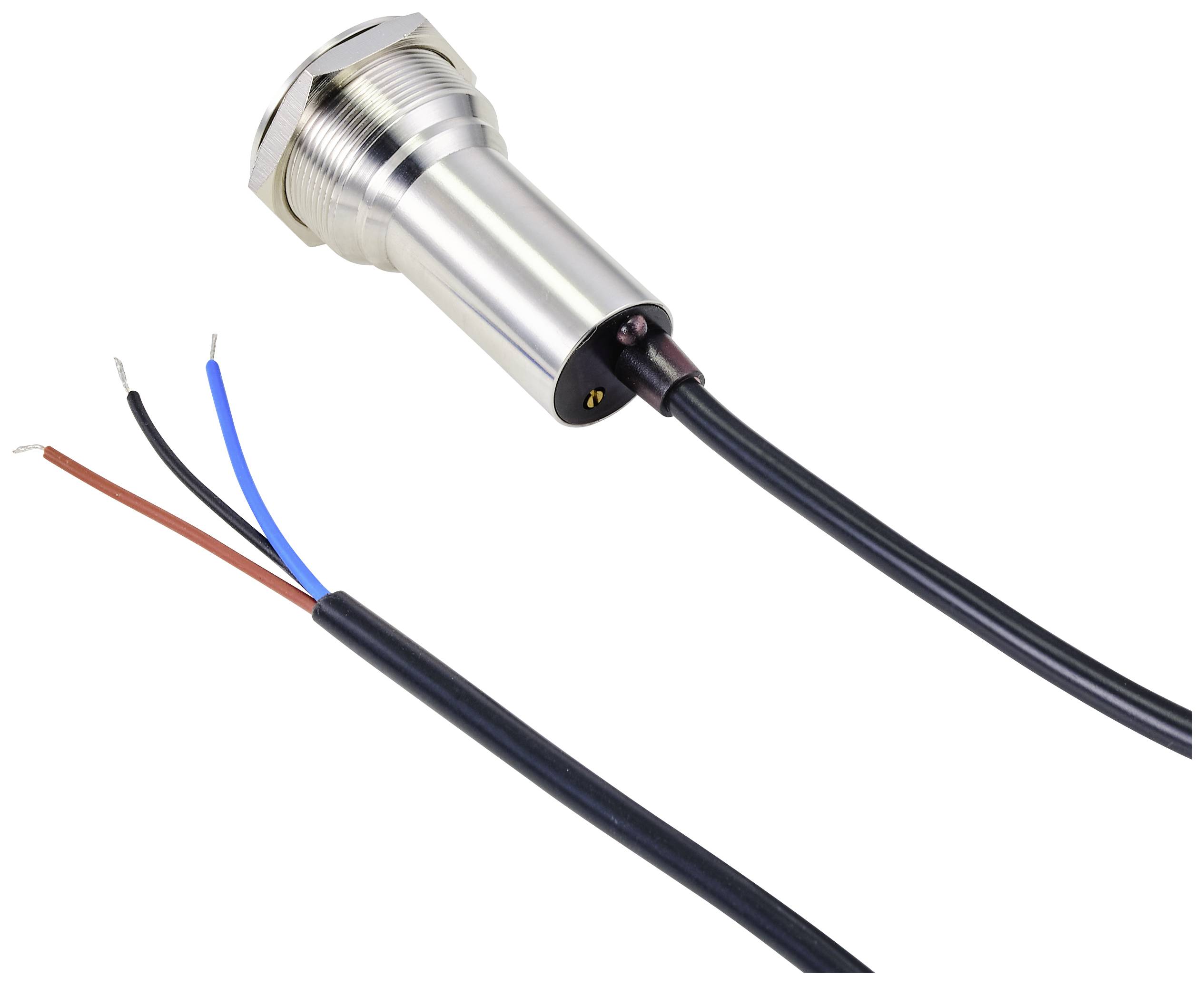 Metaalsensor met drie gekleurde kabels (rood, blauw, zwart), geschikt voor industriële toepassingen voor metaaldetectie.