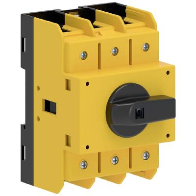 Gele draaiknop voor elektrische toepassingen met zwarte handgreep, robuust ontwerp, geschikt voor industriële omgevingen.