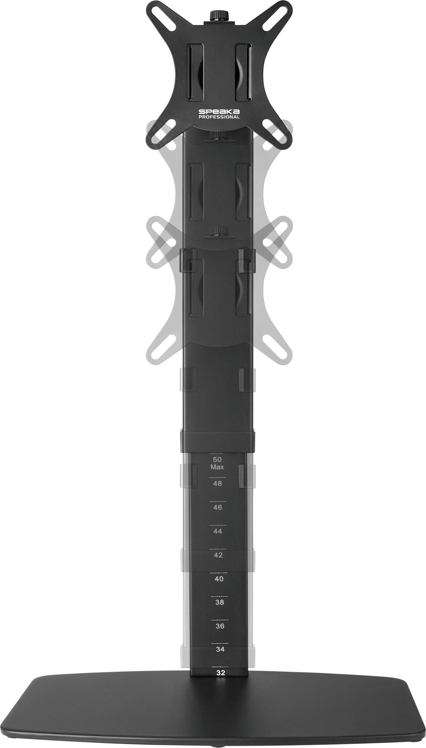 Een zwarte monitorstandaard met hoogteverstelbare steun, rechtop staand. Geschikt voor twee monitoren, met een stabiele voet.