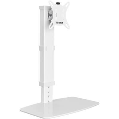 Een witte, in hoogte verstelbare monitorstandaard met zwenkarm, ideaal voor ergonomisch werken.