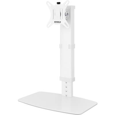 Hoogteverstelbare monitorstandaard van wit materiaal met stabiele basis en bevestiging voor VESA-compatibele schermen.
