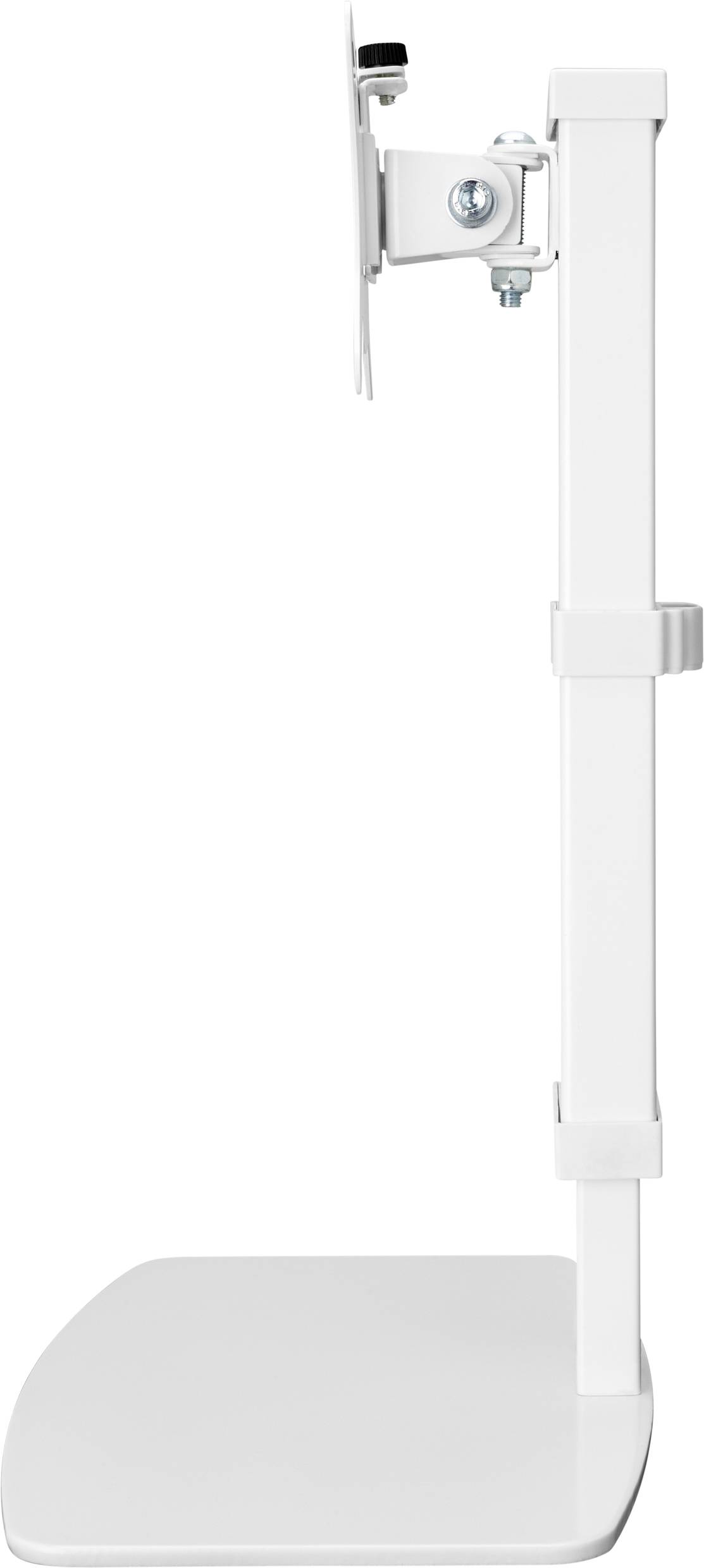 Een witte, in hoogte verstelbare monitorstandaard met een platte voet en bevestiging. Geschikt voor kantoormonitoren ter verbetering van de ergonomie.