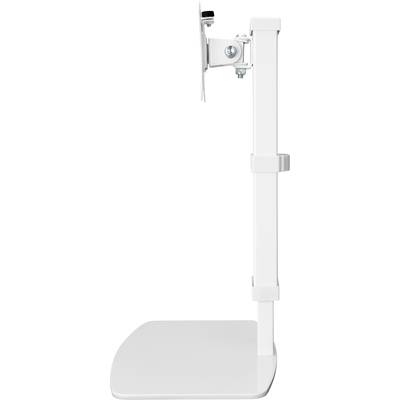 Een witte, in hoogte verstelbare monitorstandaard met een platte voet en bevestiging. Geschikt voor kantoormonitoren ter verbetering van de ergonomie.