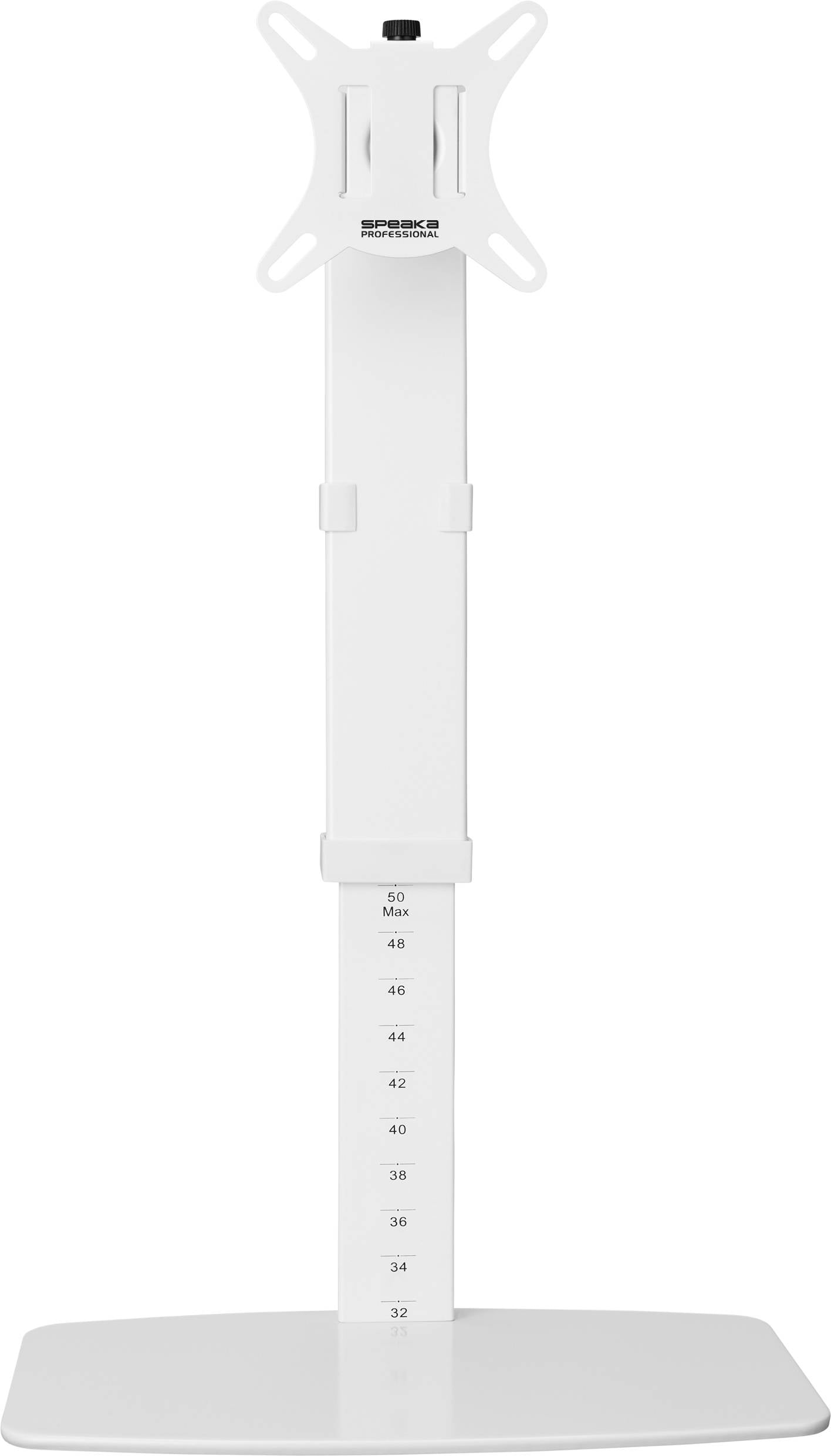 In hoogte verstelbare witte monitorstandaard met maatmarkeringen aan de voorkant. Geschikt voor het plaatsen van een beeldscherm op een bureau.