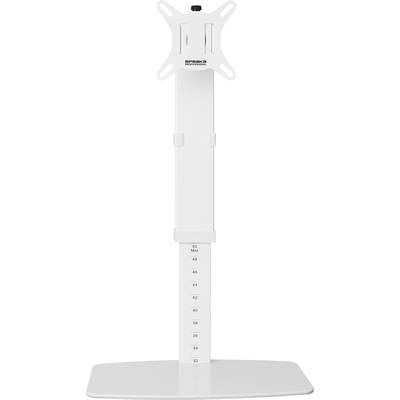In hoogte verstelbare witte monitorstandaard met maatmarkeringen aan de voorkant. Geschikt voor het plaatsen van een beeldscherm op een bureau.