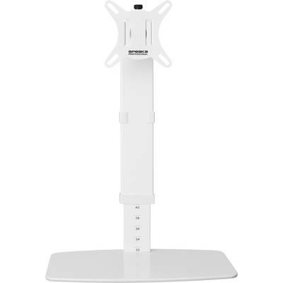 Een verstelbare, witte monitorstandaard met hoogteaanduidingen tot op de millimeter nauwkeurig op de stang en een VESA-bevestiging bovenaan.